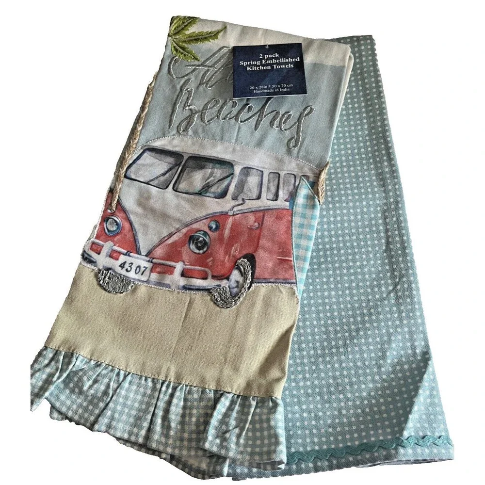 Red Hippie Red Bus Kitchen Dish Towels Set of 2 Embroidered Ruffle Blue Check